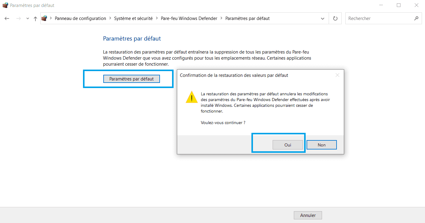 Confirmation De La Restauration Des Valeurs Par Dedaut Pare Feu Windows 10
